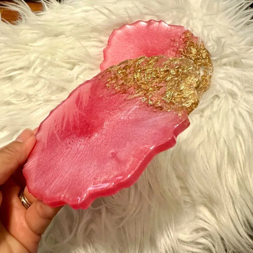 2-Piece Handmade Pink & Gold Resin Agate Coasters Glam Glitter Gift Home Decor